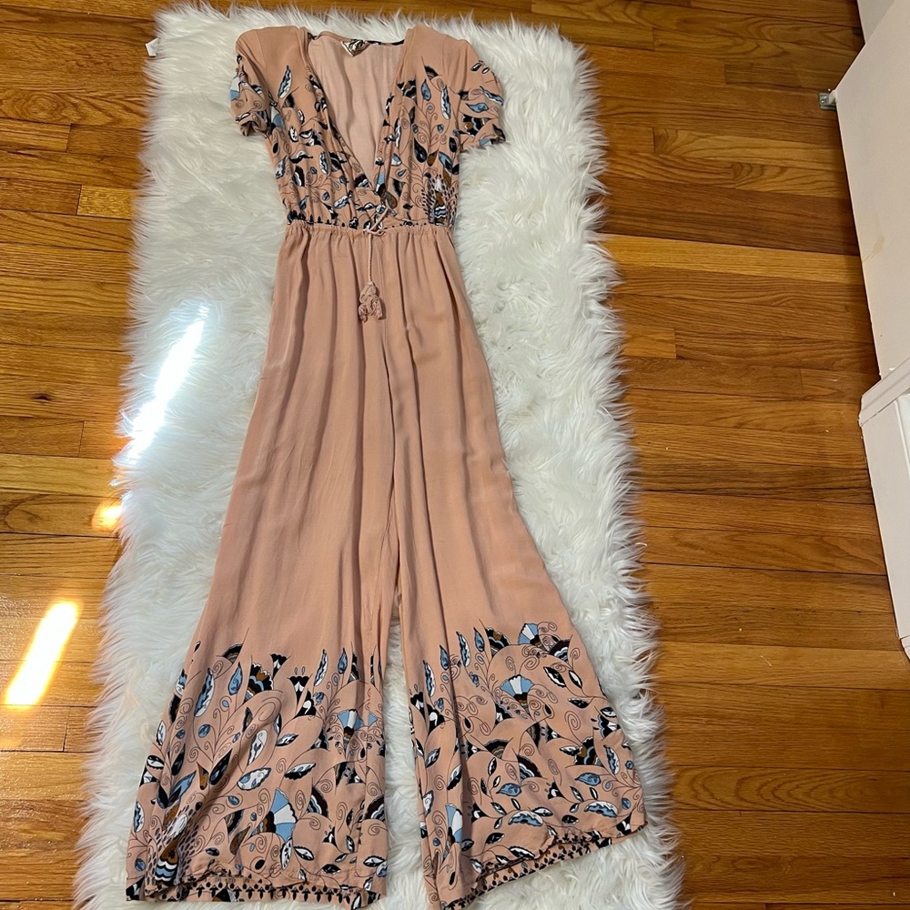 Worn once - beautiful long jumpsuit blush with blue floral print